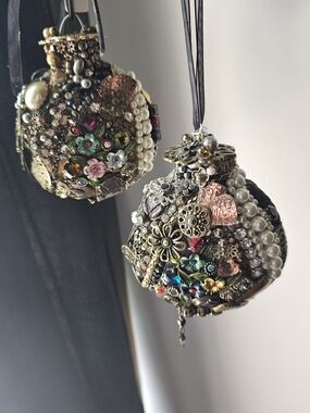 Embellished Jeweled Ornament  - Multicolor Pearls & Charms Sey Of 2 Hanfmade